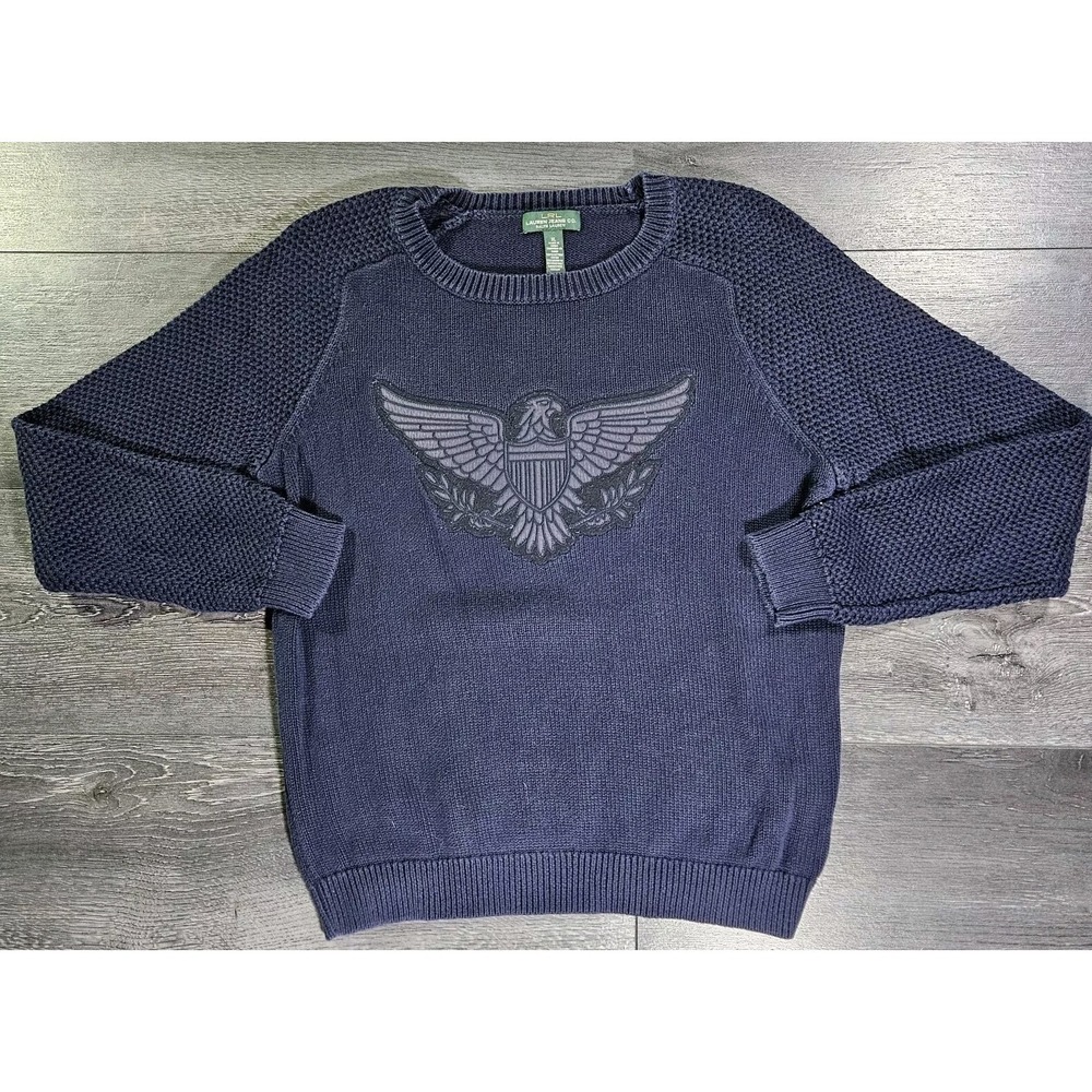 Lauren Ralph Lauren Waffle Knit Sweater  Women XL Blue Raglan Sleeve Eagle Patch